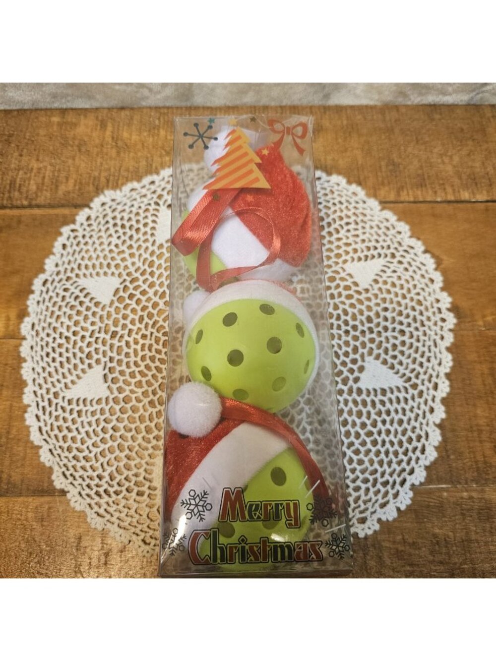 Pickleball Christmas Ornaments with Red Santa Hats - Value 3 Pack